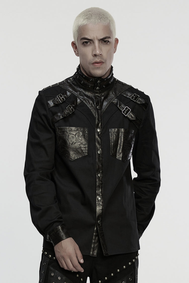 Black Stand Collar Long Sleeves Rivet Buckle Straps Eyelet Men's Punk Blouse - Black - 1