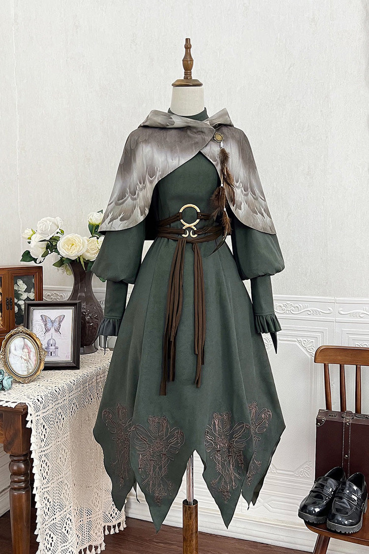 Dark Green Stand Collar Long Sleeves Ruffle Embroidery Classic Vintage Lolita Dress Set - Dark-Green - 1