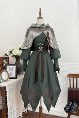 Dark Green Stand Collar Long Sleeves Ruffle Embroidery Classic Vintage Lolita Dress Set - Dark-Green - 1