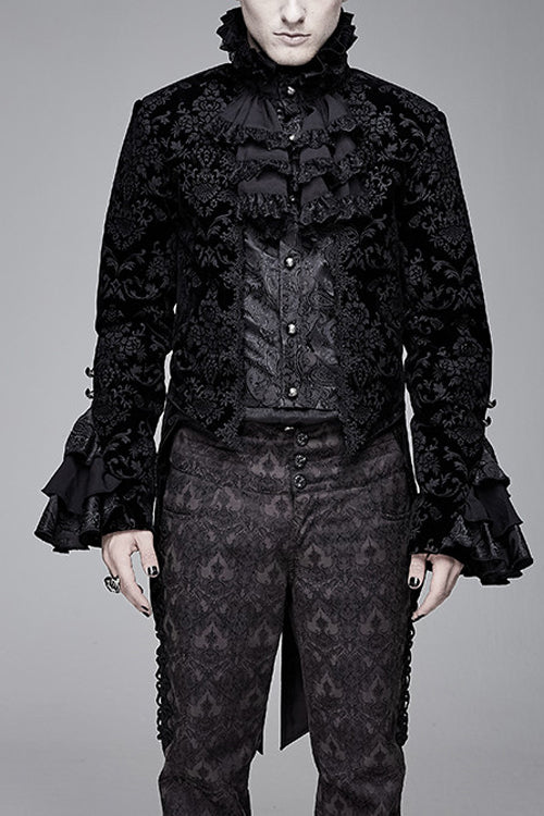 Black Court Pattern Stand Collar Gothic Mens Coat - Black - 1