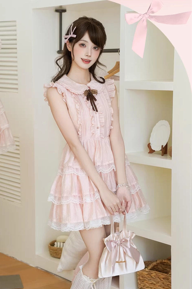 Pink Doll Collar Triple-Layered Ruffled Bow Lace Sweet Lolita Dress - Product - 7