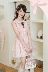 Pink Doll Collar Triple-Layered Ruffled Bow Lace Sweet Lolita Dress - Product - 7