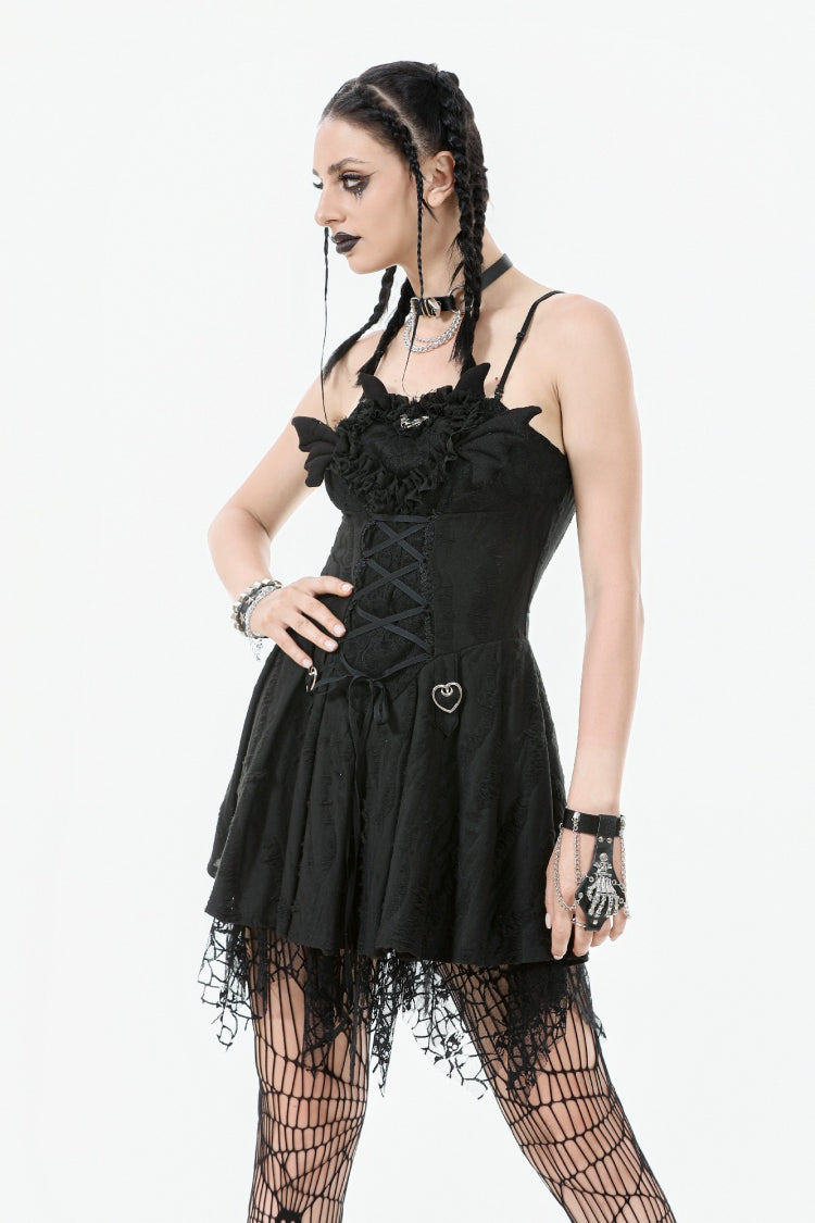 Black Sleeveless Lace Lace-Up Pleated Women's Gothic Dark Demon Slip Dress - Product - 6