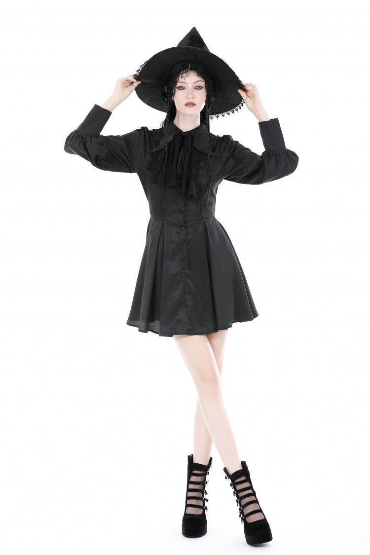 Black Turn-down Collar Long Lantern Sleeves Women's Gothic Dress with Necktie - Product - 9