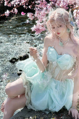 Green Fairy Sleeveless Bowknot Fishbone Pearl Sweet Princess Lolita Jsk Bud Dress - Green - 1