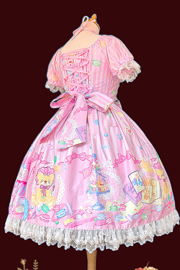 [Macaron Dolly House] Doll Collar Short Sleeves Print Bowknot Sweet Lolita Dress 3 Colors - Product - 15