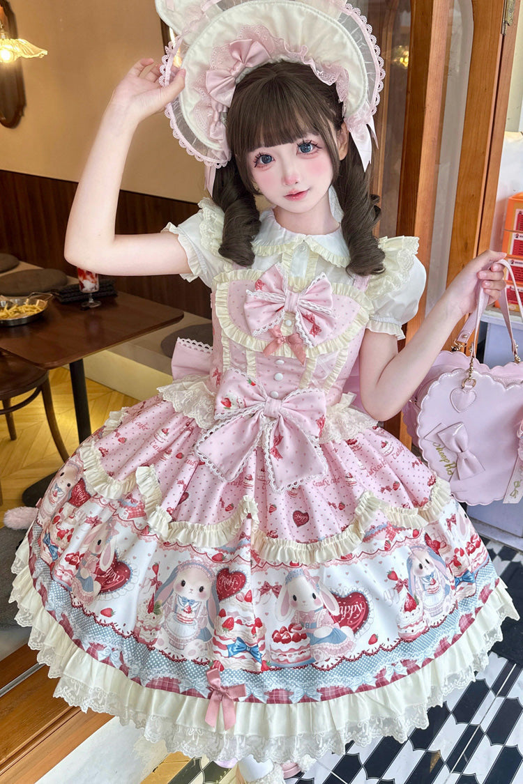 Pink [Sweet Bunny Party] Square Collar Sleeveless Printed Ruffled Bow Sweet Lolita Jsk Dress Set - Pink(Short-Sleeves-Set) - 1