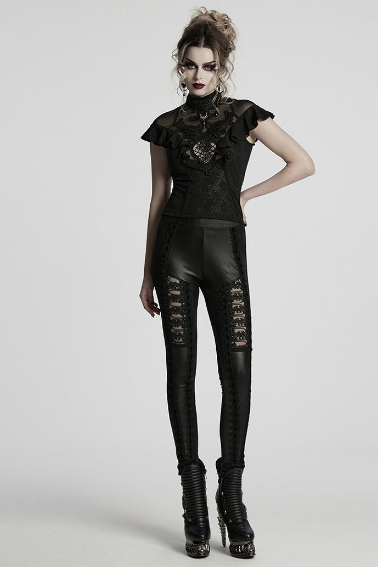 Black Floral Embroidery Women's Gothic Leggings - Product - 4