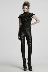 Black Floral Embroidery Women's Gothic Leggings - Product - 4