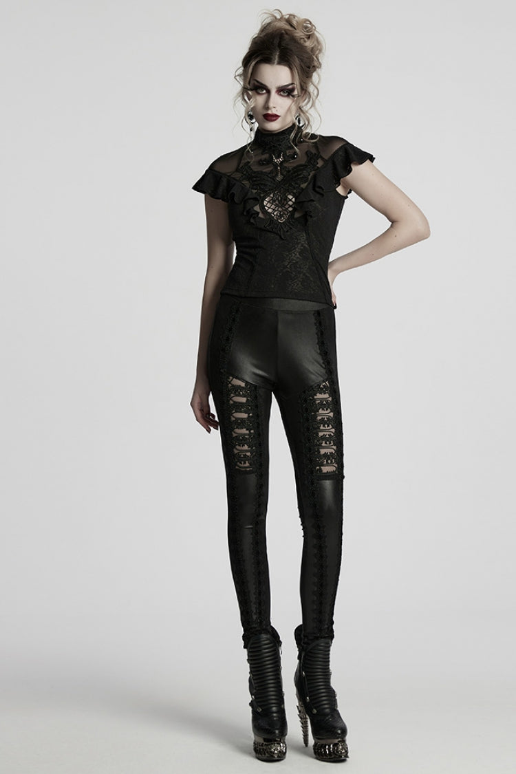 Black Floral Embroidery Women's Gothic Leggings - Product - 4