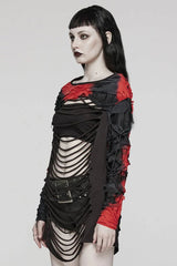 Red/Black Tie Dye Long Sleeves Hollow Womens Steampunk T-Shirt - Product - 2
