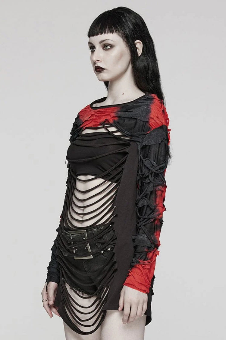 Red/Black Tie Dye Long Sleeves Hollow Womens Steampunk T-Shirt - Product - 2