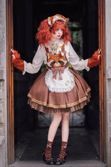 Brown Raccoon Ruffle Bowknot Sweet Lolita Strap Dress - Brown - 1