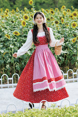 Red French Country Floral Shepherd Square Collar Long Sleeves Printed Ruffled Classic Vintage Lolita Dress - Product - 3