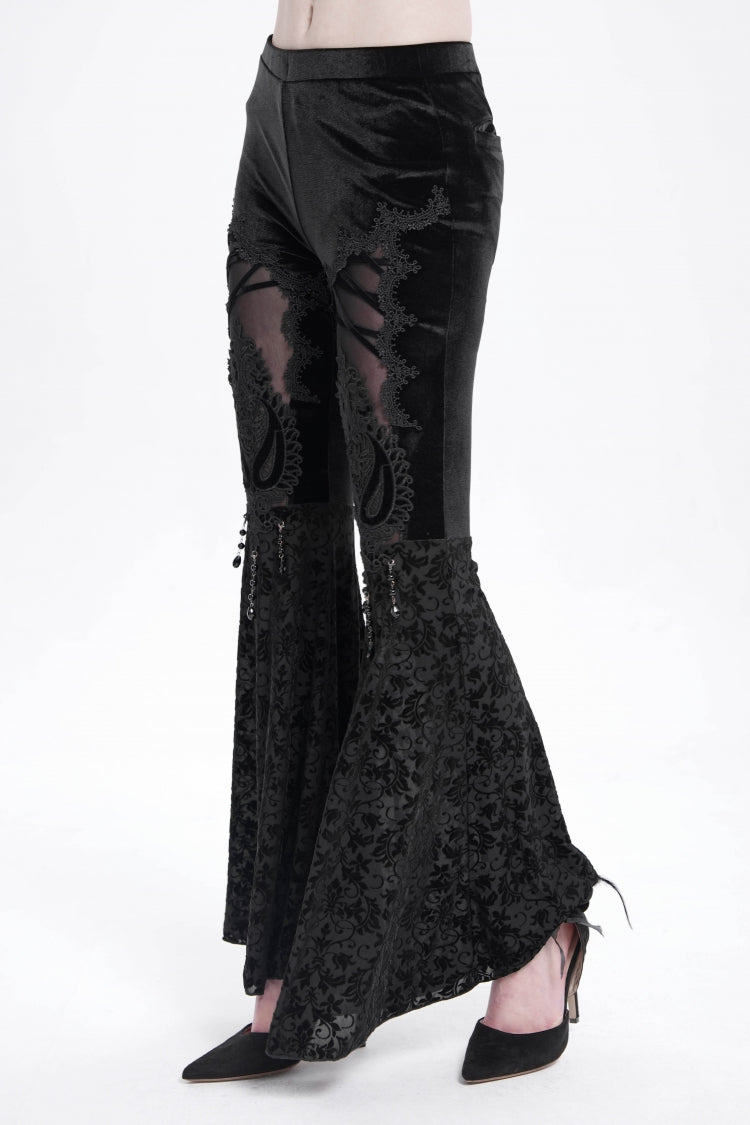 Black Hollow Floral Embroidery Women's Gothic Flared Pants - Product - 3