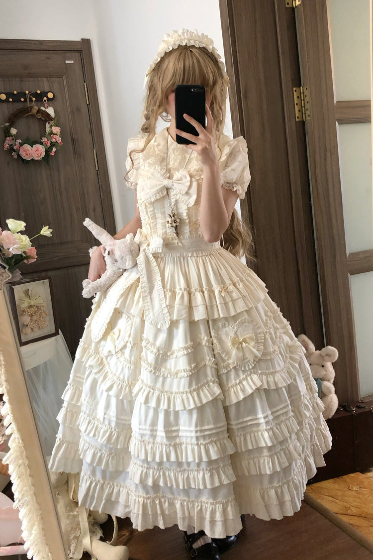 Apricot [Heart In Love] Multi-Layered Ruffled Bow Sweet Lolita Jsk Dress - Product - 4
