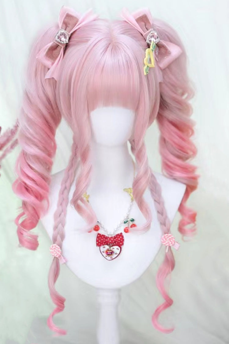 Cream Pink Ombre Roman Curl Twintails Sweet Lolita Wig Set - Cream-Pink - 1