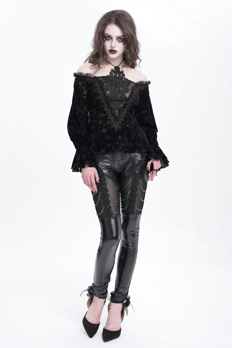 Black Chain Faux Leather Stitching Lace Women's Gothic Pants - Product - 6