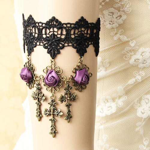 Black Lace Retro Wedding Cross Purple Rose Flower Female Gothic Lolita Armband Bracelet - Black - 1
