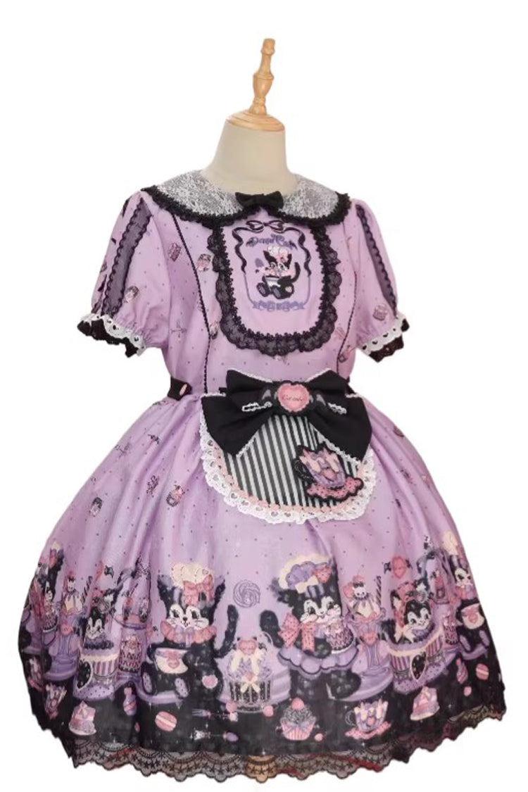 Purple [Devil Cat] Print Short Sleeves Ruffle Bowknot Lace Gothic Lolita OP Dress (Plus Size Support) - Product - 3