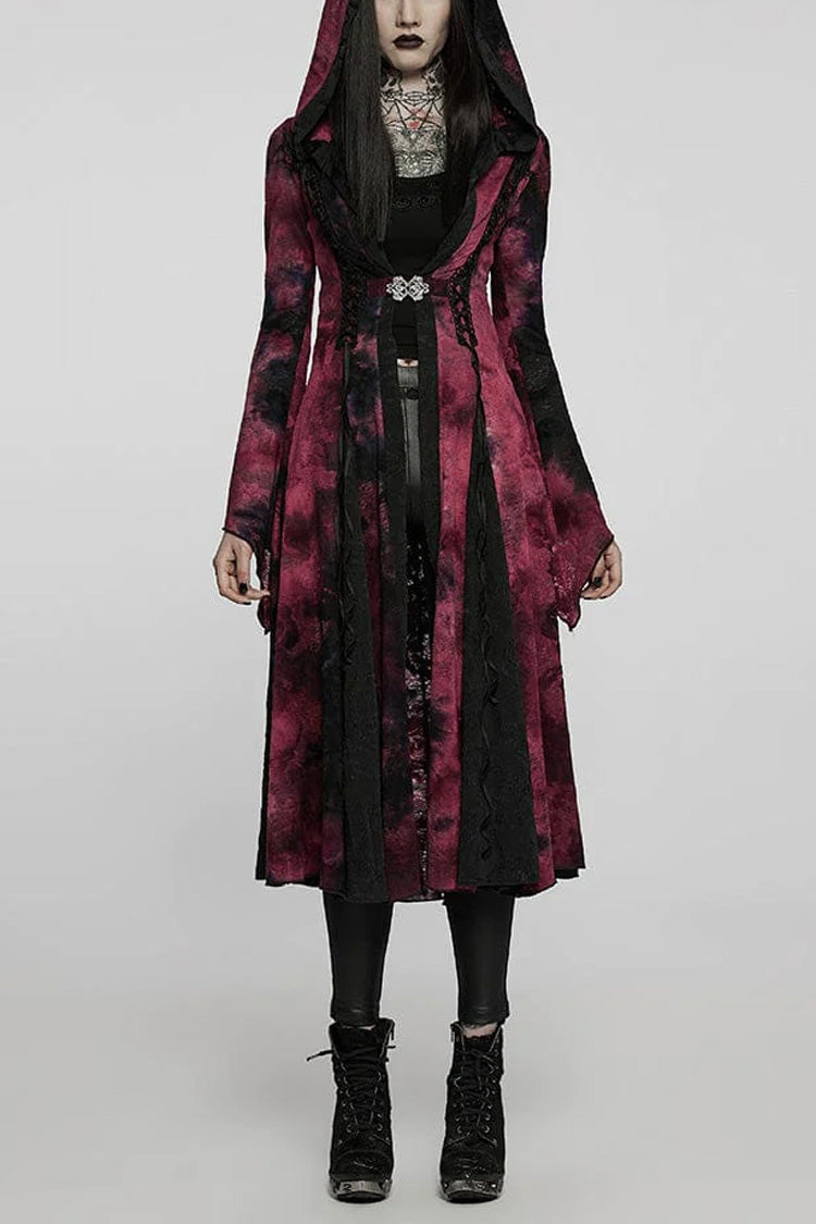 Red/Black Long Trumpet Sleeves Stitching Hooded Womens Gothic Vintage Coat - Red/Black - 1