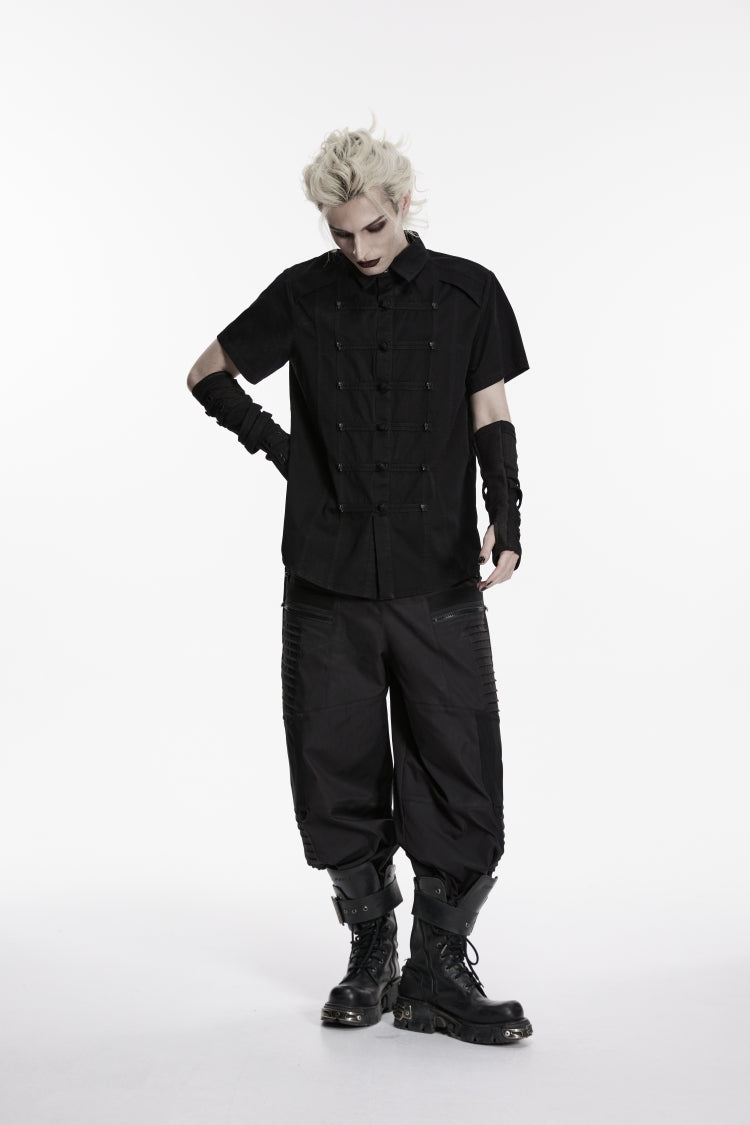 Black Lapel Collar Short Sleeves Studded Men's Punk Skull Handsome Cool Shirt - Product - 6