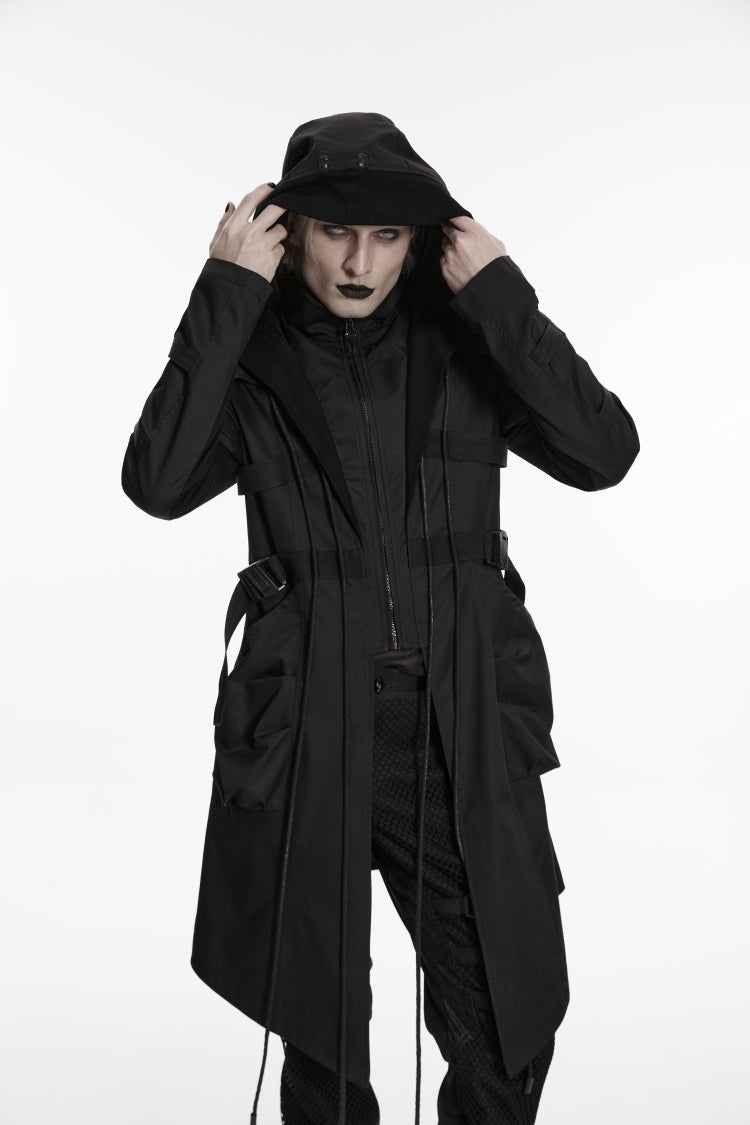 Black Stand Collar Long Sleeves Hooded Faux Two-Piece Zippered Men's Punk Big Pockets Strappy Jacket - Black - 1