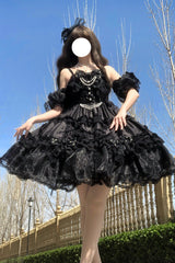 Black [Spring Cherry Snowfall] Off Shoulder Short Sleeves Multi-Layered Ruffled Bow Gothic Lolita Jsk Dress - Black - 1
