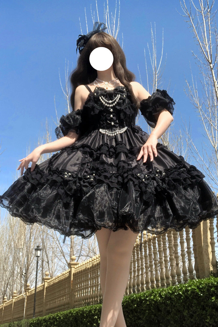 Black [Spring Cherry Snowfall] Off Shoulder Short Sleeves Multi-Layered Ruffled Bow Gothic Lolita Jsk Dress - Black - 1