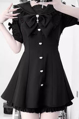 Black [Night Glaze] Long Short Sleeves Ruffled Bow Gothic Plus Size Jirai Kei Dress and Shorts Set - Product - 2