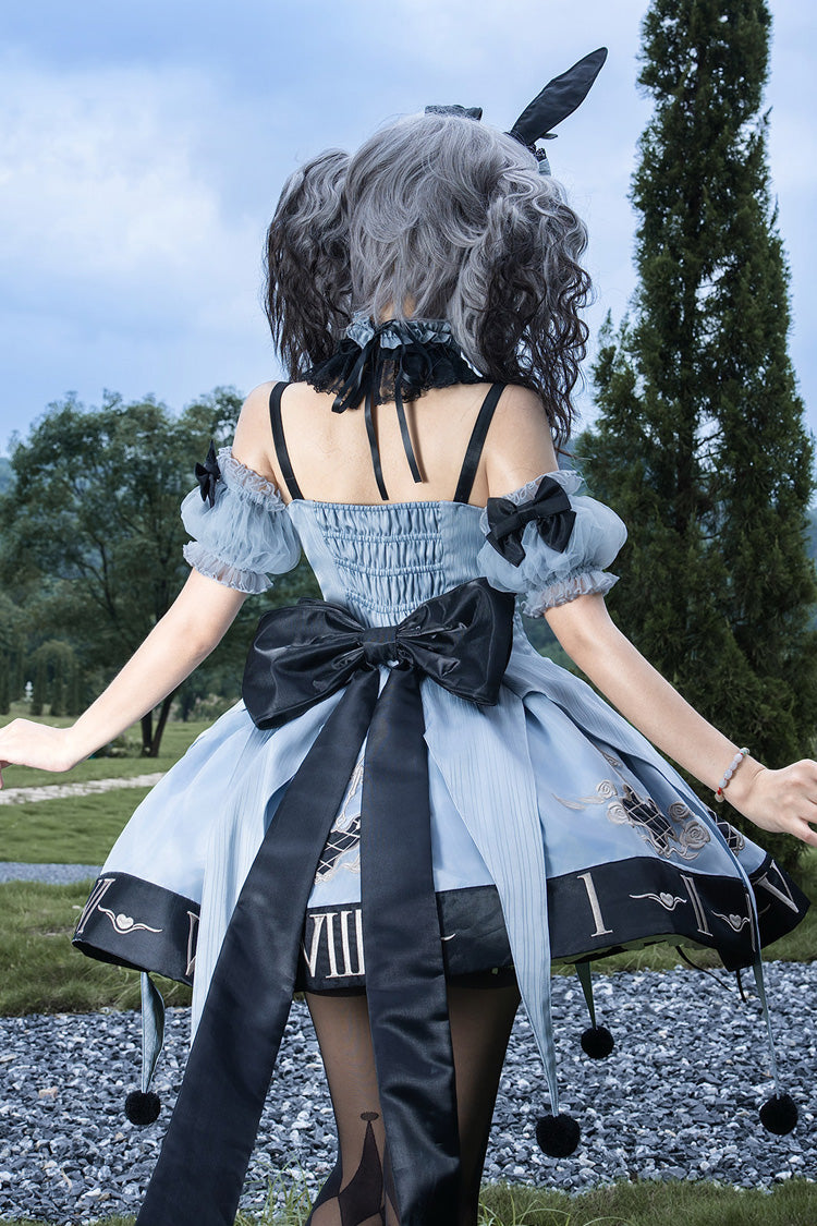 Blue [The Clock Rabbit's Card Game] Sleeveless Jacquard Ruffled Embroidered Bow Lace-Up Gothic Lolita Jsk Dress - Product - 9