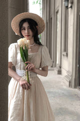 Elegant Vintage Tulip Square Collar Lantern Sleeves Multi-Layer Ruffled Classic Lolita OP Dress Short Version - Product - 4