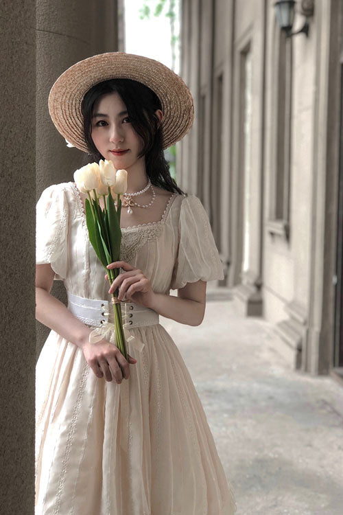 Elegant Vintage Tulip Square Collar Lantern Sleeves Multi-Layer Ruffled Classic Lolita OP Dress Short Version - Product - 4