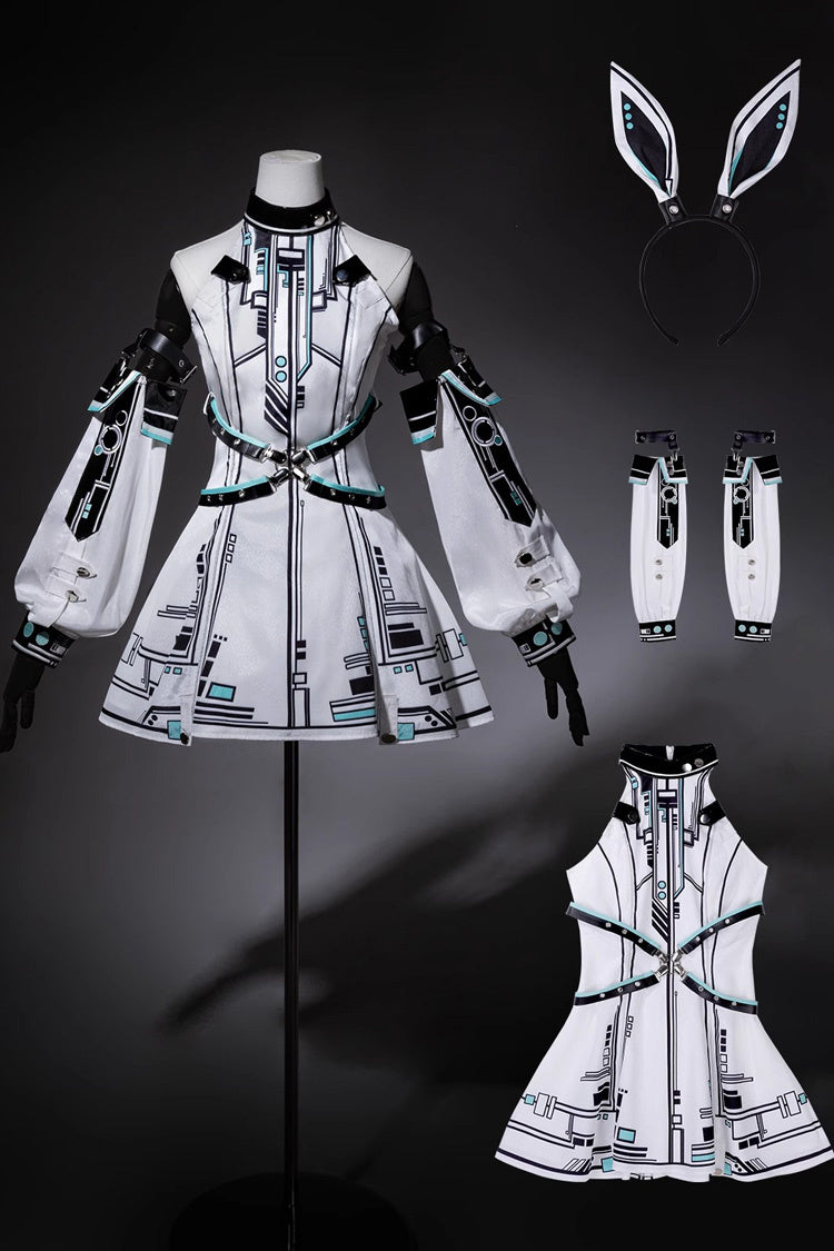White [Mecha Battle Maiden] Stand Collar Print Futuristic Style Sweet Handsome Lolita Dress - Product - 4