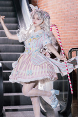 Blue/Pink Short Sleeves Weird Theater Print Ruffle Bowknot Sweet Lolita Dress - Product - 6