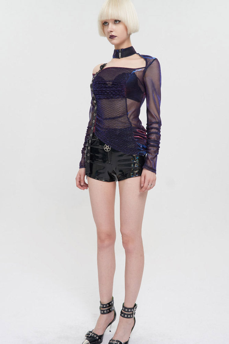 Multi-Color Punk Long Sleeve Mesh Neck Zipper Adjustable Shoulder Straps Asymmetric Women's T-Shirt - Product - 9