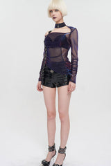 Multi-Color Punk Long Sleeve Mesh Neck Zipper Adjustable Shoulder Straps Asymmetric Women's T-Shirt - Product - 9