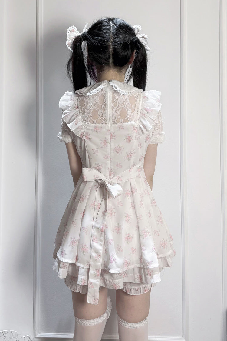 [Rose Letter] Peter Pan Collar Short Sleeves Double-Layered Printed Ruffled Open-Front Lace-Up Sweet Jirai Kei Dress Set 2 Colors - Product - 8