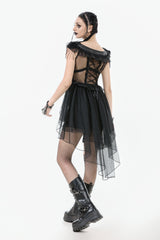 Black V Collar Sleeveless Multi-Layered Ruffled Sheer Mesh Women's Punk Dress - Product - 11