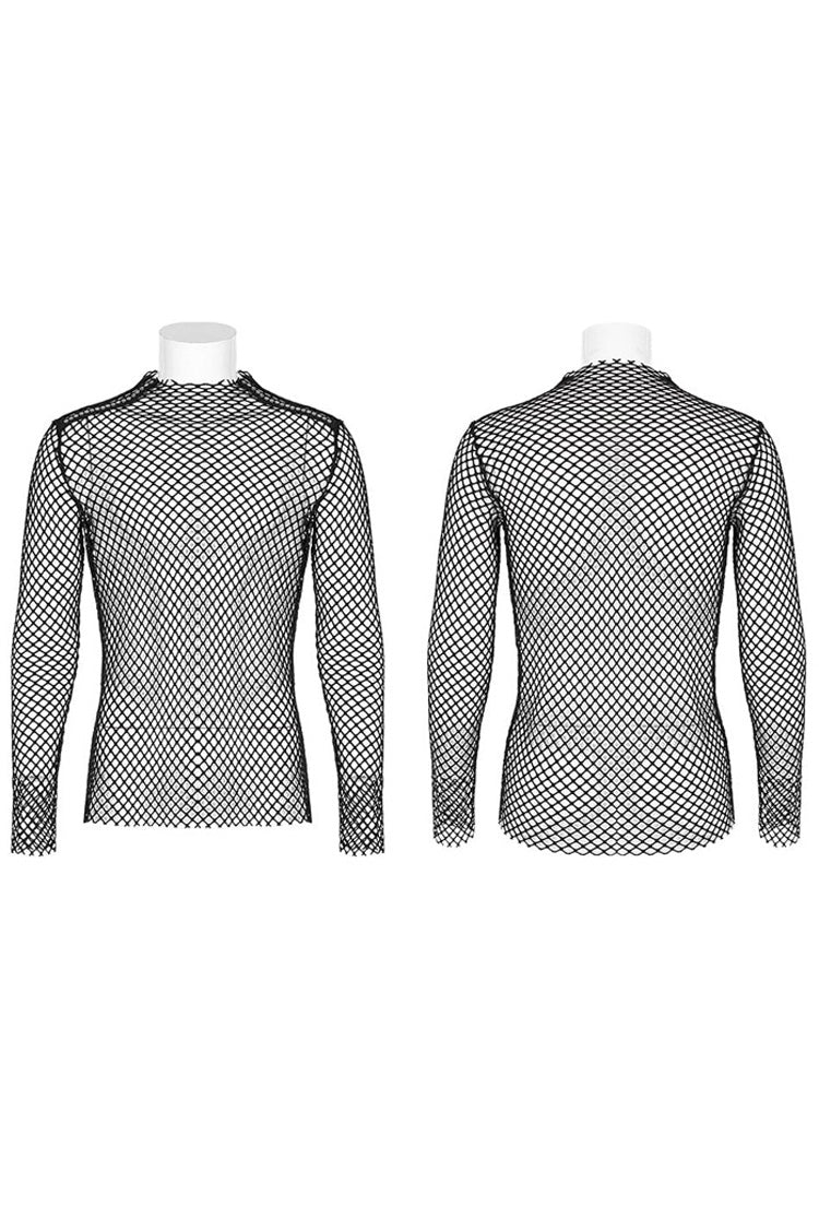 Black Punk Mesh See Through Sexy Long Sleeve Men's T-Shirt - Product - 8