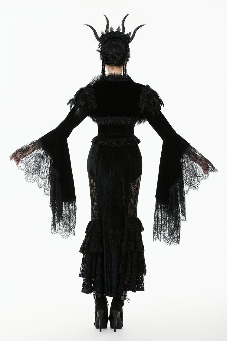 Black Lace Spliced Velvet Long Flared Sleeves Floral Feather Women's Gothic Cape - Product - 4