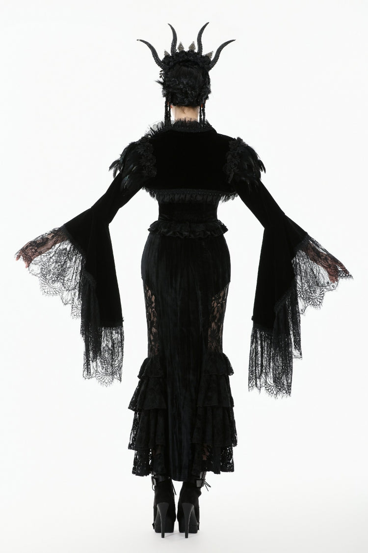 Black Lace Spliced Velvet Long Flared Sleeves Floral Feather Women's Gothic Cape - Product - 4