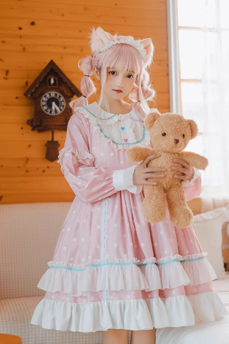 Toffee Bobo Long Sleeves Double Layer Print Ruffle Sweet Lolita Dress 2 Colors - Pink - 1