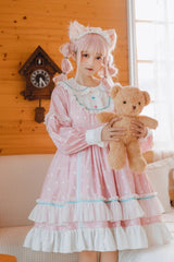 Toffee Bobo Long Sleeves Double Layer Print Ruffle Sweet Lolita Dress 2 Colors - Pink - 1