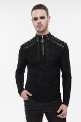 Black Punk High Collar Long Sleeve Stitched Metal Lace-Up Pentagram Hollow Texture Design Men's T-Shirt - Black - 1