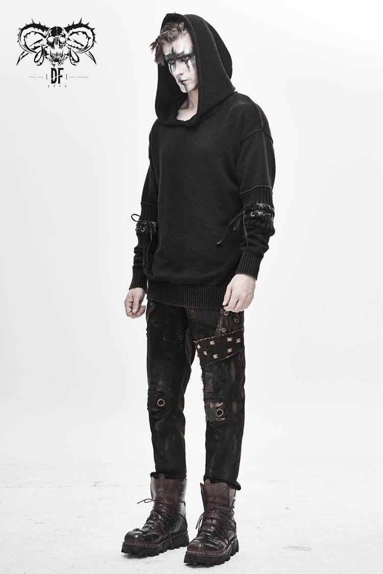 Brown Worn-Out Long Sleeve Elbow Leather Strip Lace-Up Hooded Coarse Knit Men's Punk Sweater - Product - 3