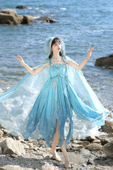 Blue [Ocean Sprite] Gradient Print Irregular Hooded Sweet Lolita Jsk Dress Cloak Set - Product - 12