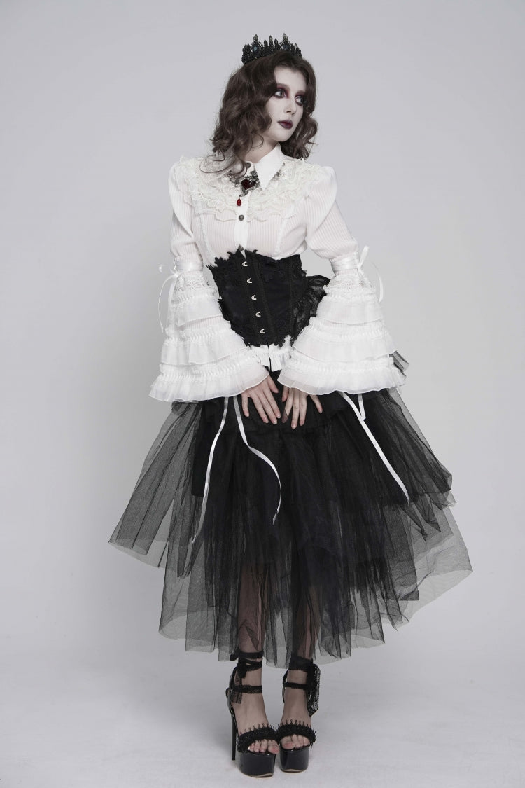 White Lapel Collar Long Trumpet Sleeves Lace Lace-Up Slim Women's Gothic Blouse - Product - 9