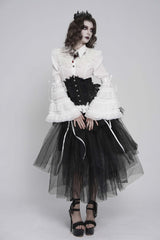 White Lapel Collar Long Trumpet Sleeves Lace Lace-Up Slim Women's Gothic Blouse - Product - 9