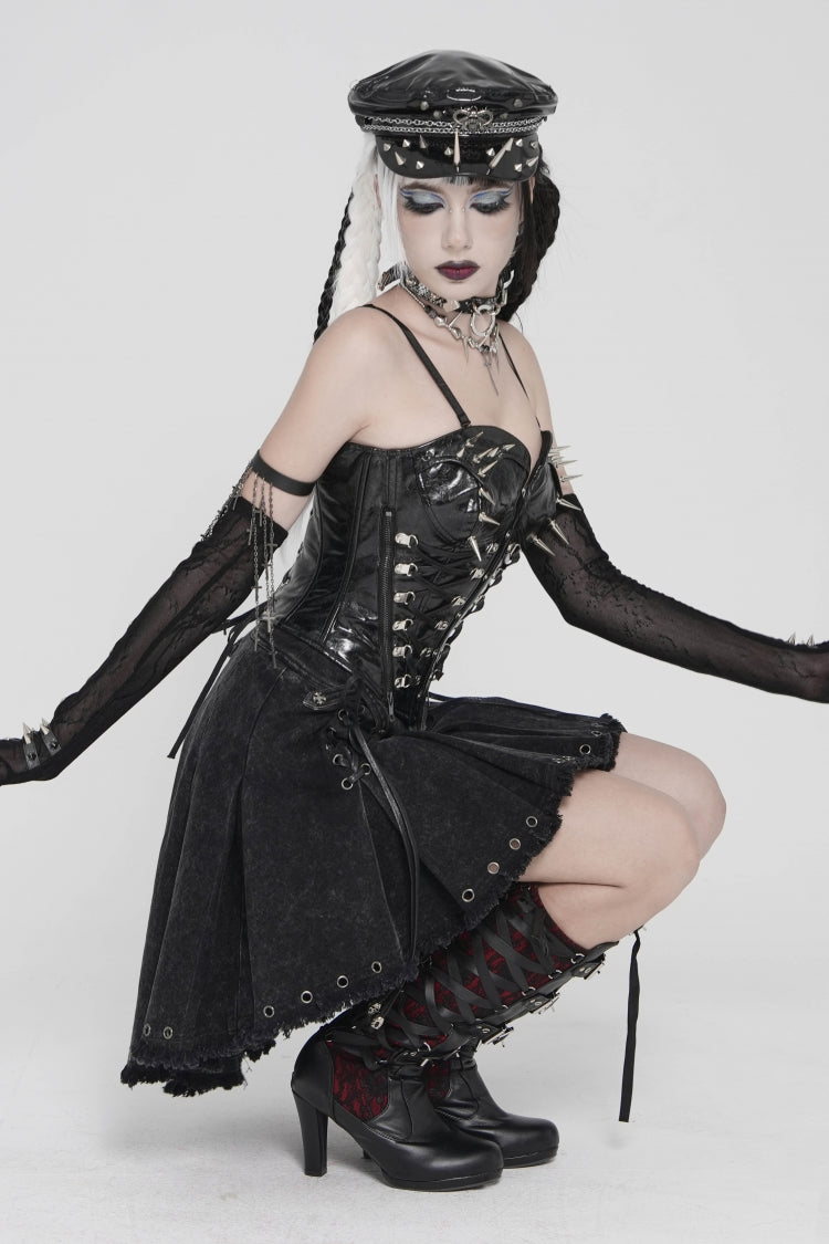 Black Lace-Up Pleated Eyelet Women's Punk Skirt - Product - 9